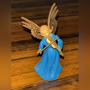 Vintage Blue Angel Ornament with Violin. Plastic. Made in Hong Kong. Approx 3”.